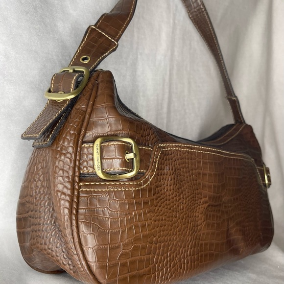 VINTAGE Tommy Hilfiger Shoulder Purse - Olive/Tan Crocodile Print Leather 🤎 - Picture 3 of 9